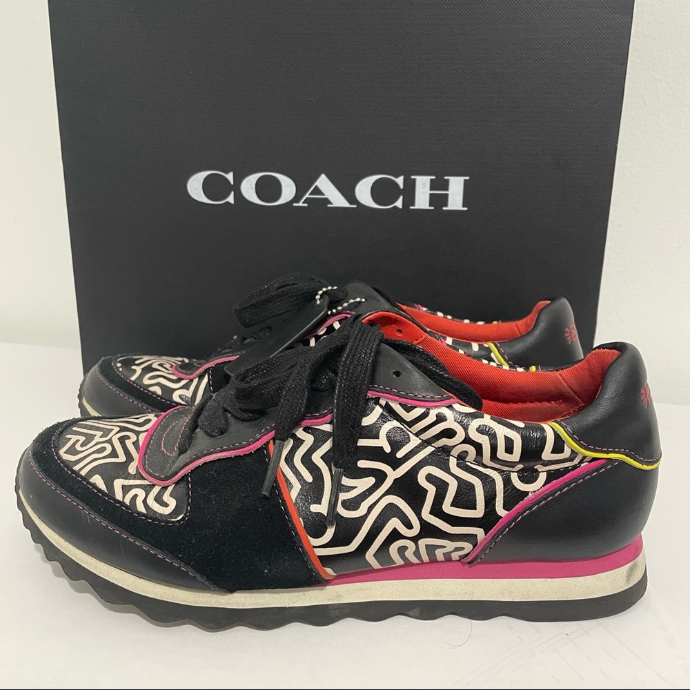 COACH x Keith Haring Leather Black Pink White Sneakers Size 7.5 Limited Edition